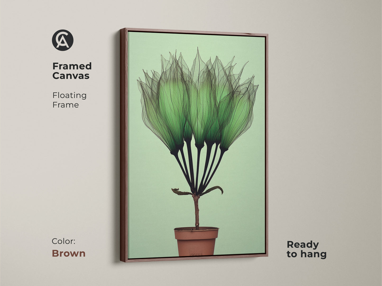 Brown Framed Canvas Botanical Art Print features delicate translucent green petals. This Mint Green Potted Plant Wall Art has minimalist abstract style. This Scandinavian Canvas is an ideal Gift for Plant Lovers. Ready to hang botanical nature wall decor.