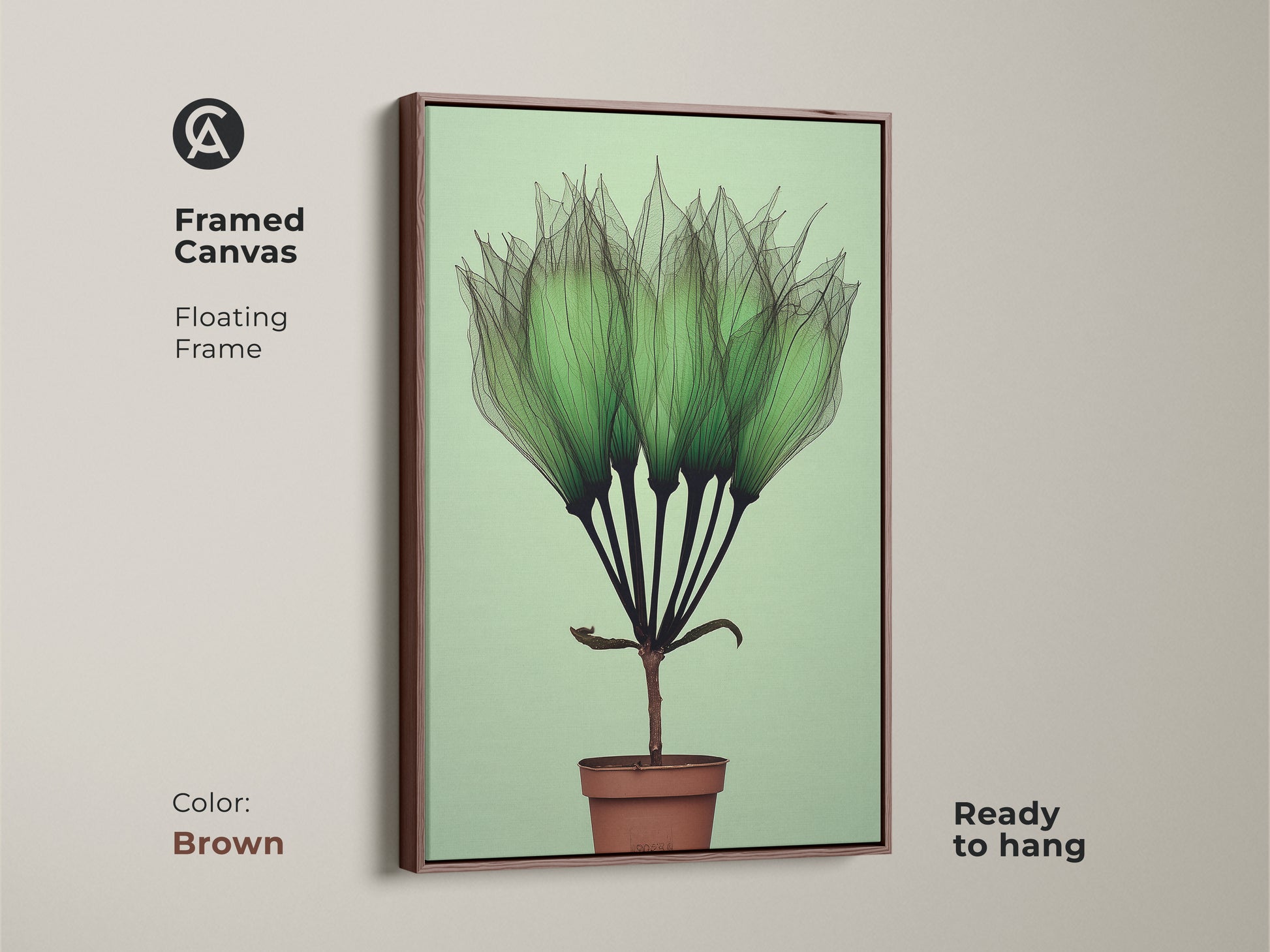 Brown Framed Canvas Botanical Art Print features delicate translucent green petals. This Mint Green Potted Plant Wall Art has minimalist abstract style. This Scandinavian Canvas is an ideal Gift for Plant Lovers. Ready to hang botanical nature wall decor.