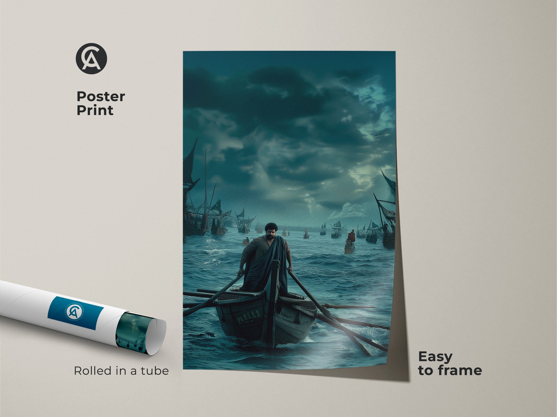 Poster print of a man rowing a boat among sailing ships. This maritime artwork is easy to frame. Rolled in a tube for protection. Ideal for adding a classic adventurous theme to any space. Complements traditional home styles.