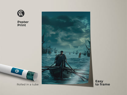 Poster print of a man rowing a boat among sailing ships. This maritime artwork is easy to frame. Rolled in a tube for protection. Ideal for adding a classic adventurous theme to any space. Complements traditional home styles.