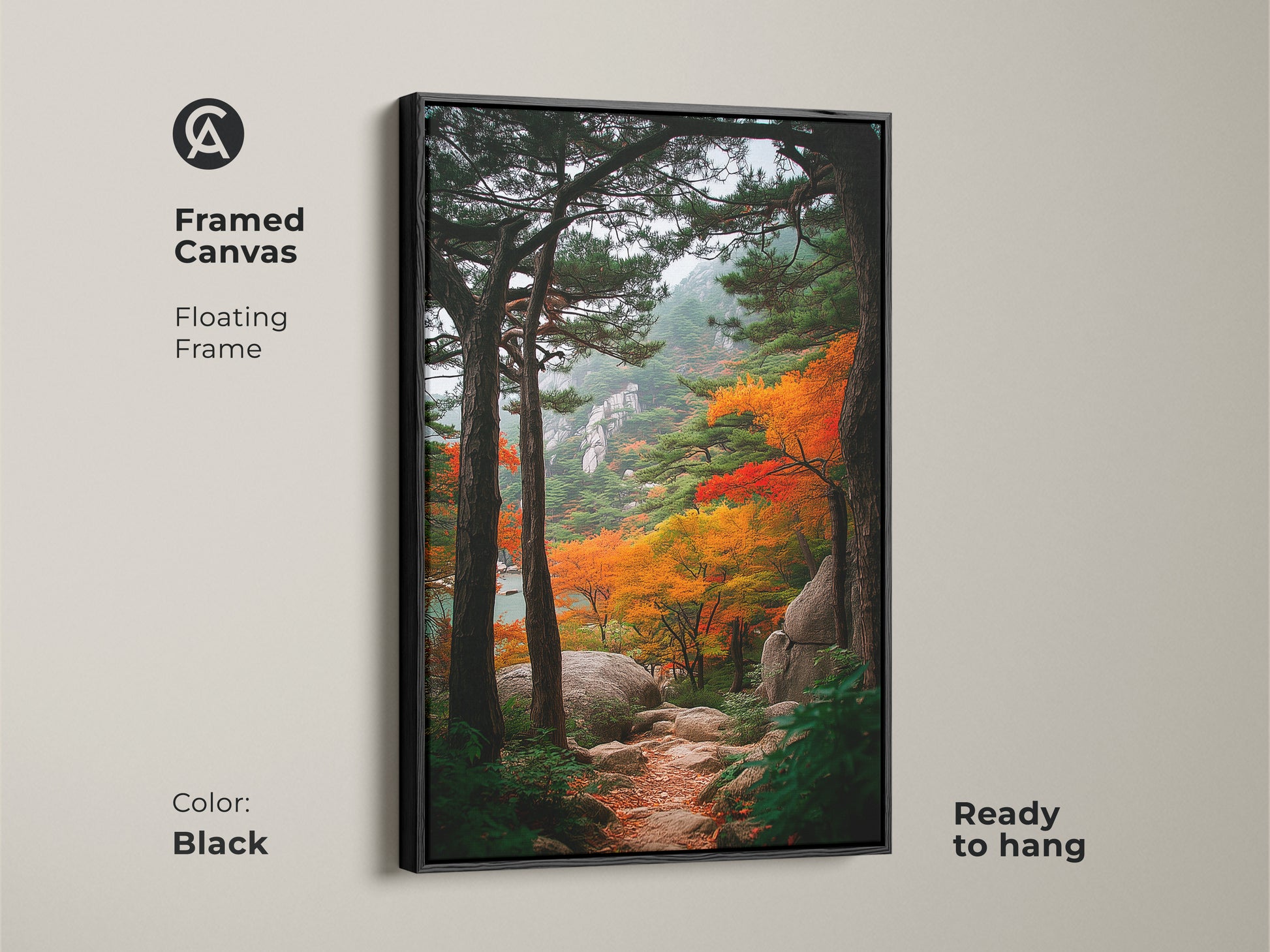 Framed canvas art featuring a fall mountain landscape. The black floating frame enhances the artwork. This ready-to-hang piece brings nature's beauty to your home. It's perfect wall decor.
