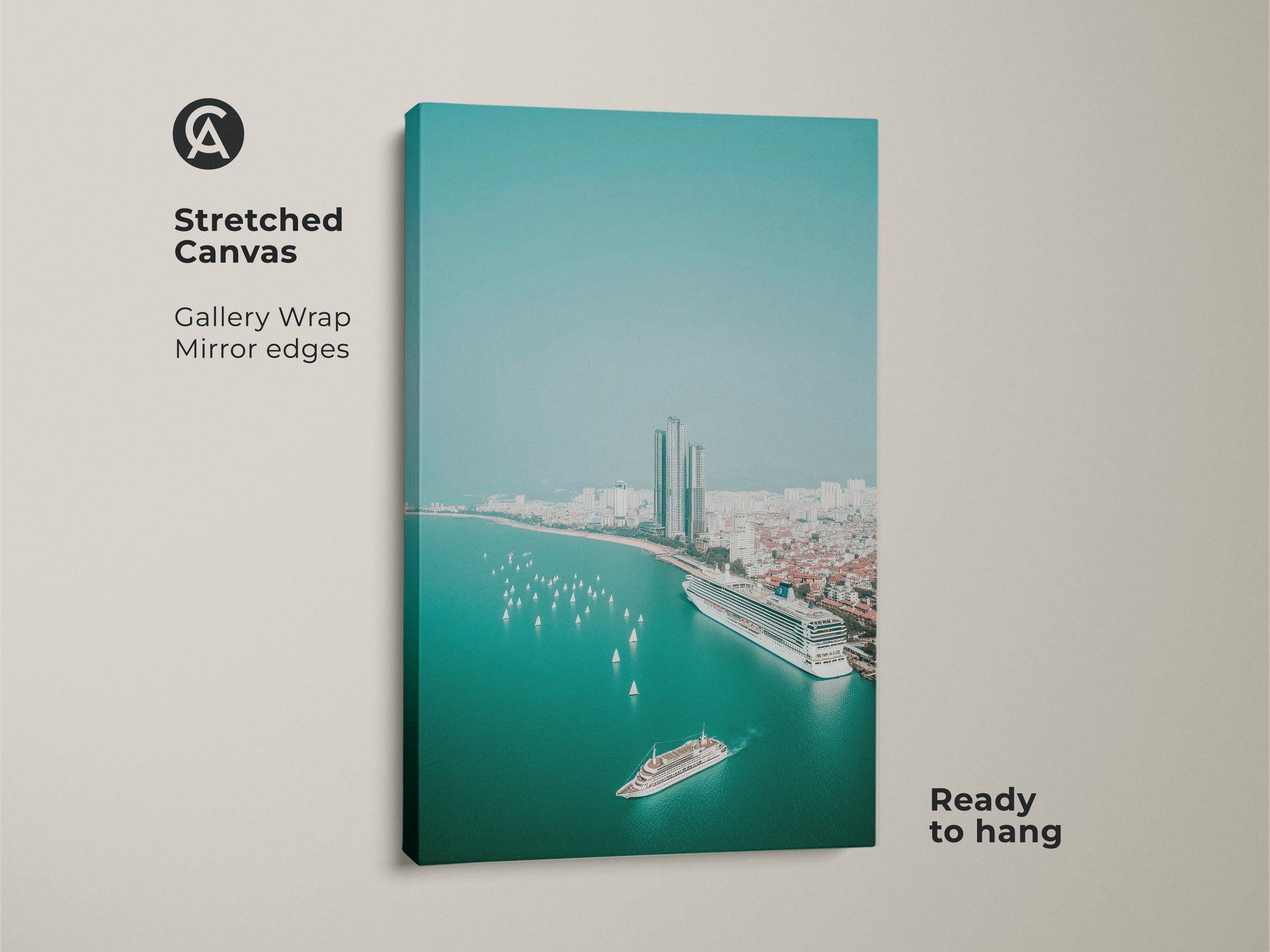 Stretched canvas print showcasing an aerial cruise ship. The teal ocean cityscape art features sailboats and a modern city view. This coastal travel artwork is ready to hang and perfect as contemporary home decor or a housewarming gift.