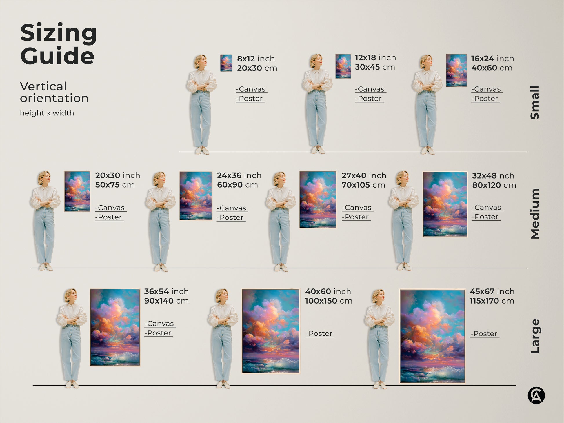 Sizing guide for impressionistic seascape wall art. Vertical orientation examples show canvas and poster options. Various sizes are available. Perfect art print for boho room residential art for bedroom.