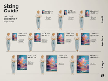 Sizing guide for impressionistic seascape wall art. Vertical orientation examples show canvas and poster options. Various sizes are available. Perfect art print for boho room residential art for bedroom.