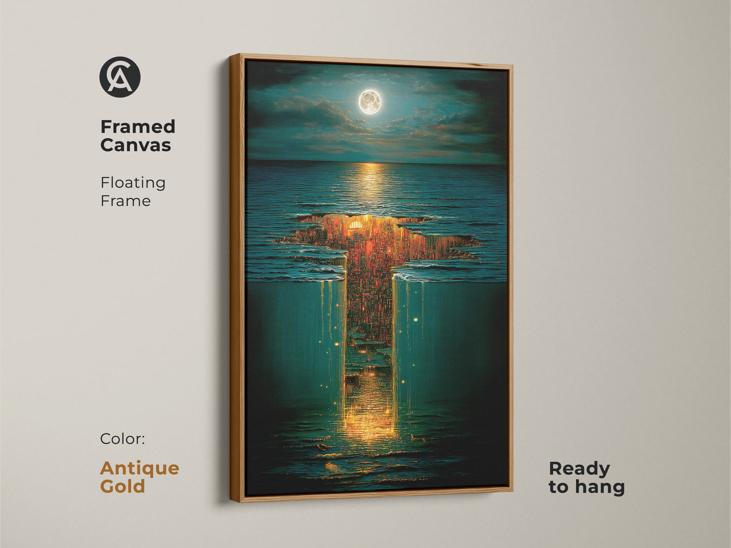Google Drive warning for a Fantasy Art Print. The surreal underwater city art may not be scanned for viruses. This moonlit sky landscape print features golden orange and deep blue tones. Download anyway for eclectic bedroom decor.