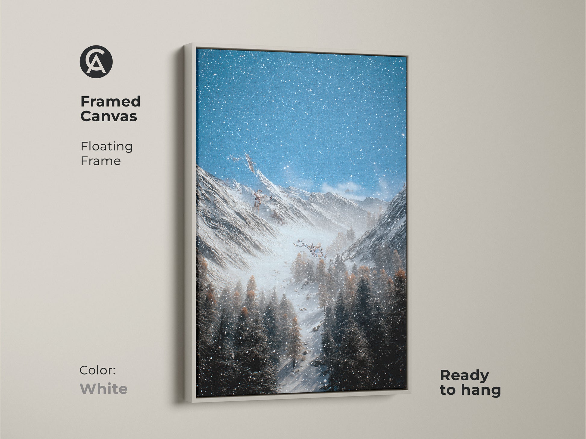 Framed in white this canvas artwork features a winter mountain scene with snow covered pines. The floating frame enhances the rustic nature wall art. Ready to hang this blue gray landscape brings a serene touch to any bedroom or living room. The mountain forest artwork is a perfect gift for outdoor enthusiasts.