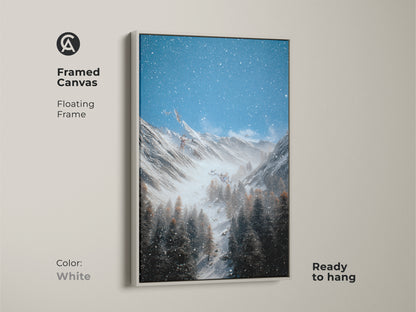 Framed in white this canvas artwork features a winter mountain scene with snow covered pines. The floating frame enhances the rustic nature wall art. Ready to hang this blue gray landscape brings a serene touch to any bedroom or living room. The mountain forest artwork is a perfect gift for outdoor enthusiasts.