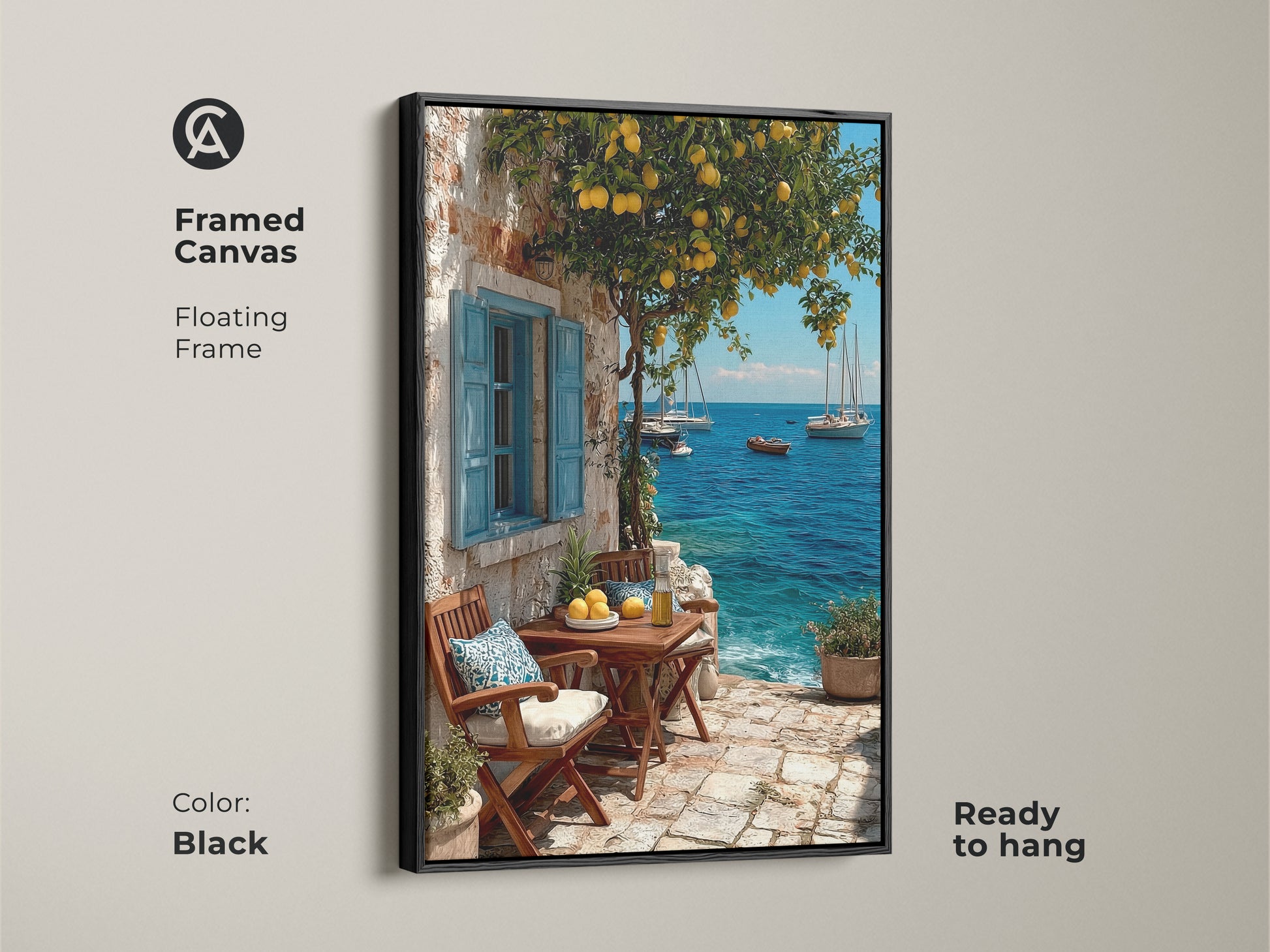 Framed canvas featuring mediterranean lemon tree artwork. Black floating frame with azure ocean and sailboats. Ready to hang coastal art for beach house. Ideal for seaside cafe decor or a housewarming gift. The lemon yellow art adds a rustic mediterranean painting feel. A unique travel inspired piece.