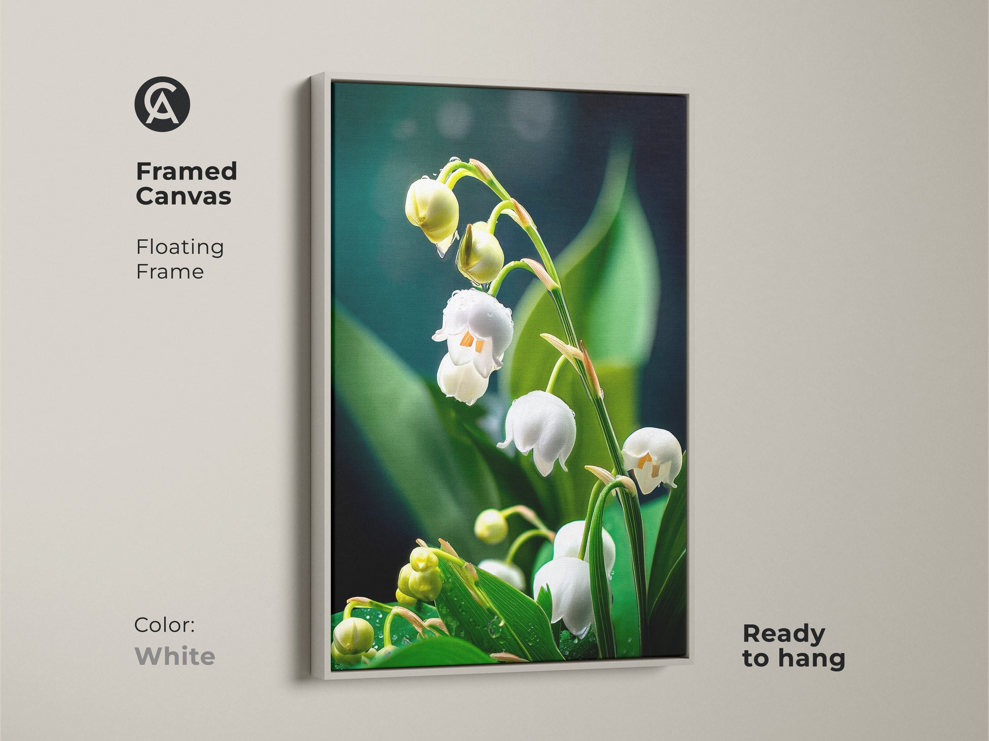 Framed Lily of the Valley canvas art with a white floating frame. Ready to hang this realistic macro botanical print adds a tranquil touch. Its white and green palette suits Scandinavian and modern decor styles. It's an ideal spring decor gift.
