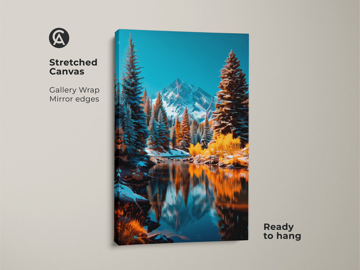 Stretched canvas art featuring a winter mountain landscape. The gallery wrapped canvas has mirror edges. It's ready to hang in your home. This canvas art captures a serene mountain scene with snow covered peaks and reflective waters.