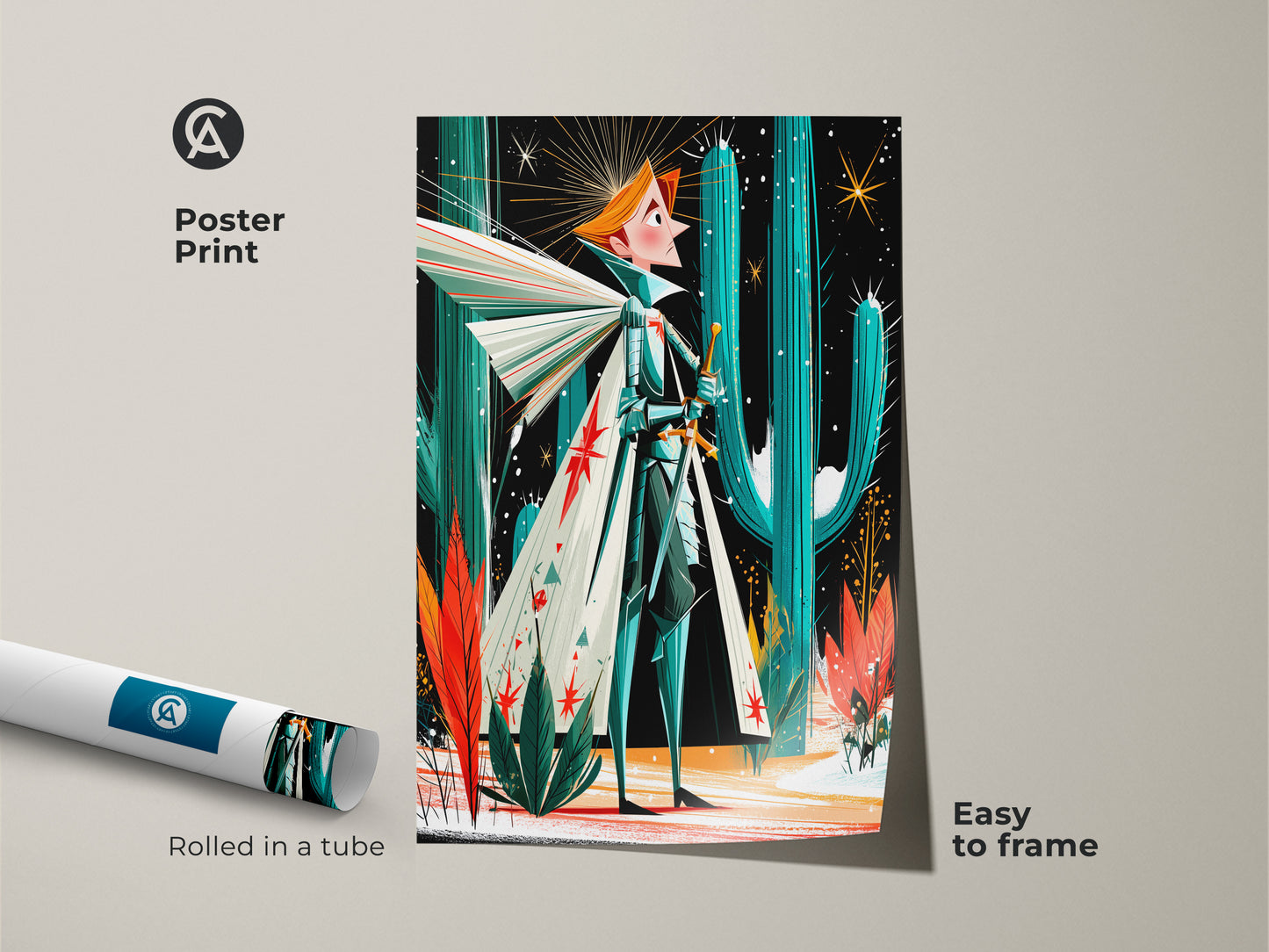 Poster print showcasing fantasy knight art. Retro desert style in mid-century modern aesthetic with teal orange and green tones. Perfect eclectic fantasy gift easy to frame in any bedroom or living room space.