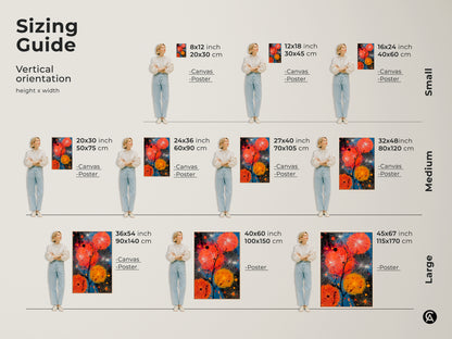 Sizing guide for vertical abstract dandelion artwork. Visualize canvas and poster prints in various sizes. Find the perfect fit for your space be it small medium or large. Contemporary orange and blue nature inspired wall decor.