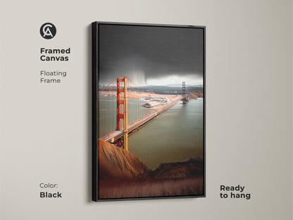 Framed canvas showcasing the Golden Gate Bridge. The floating frame is black and ready to hang. This photorealistic artwork blends burnt orange and teal. A perfect addition to any modern living space.