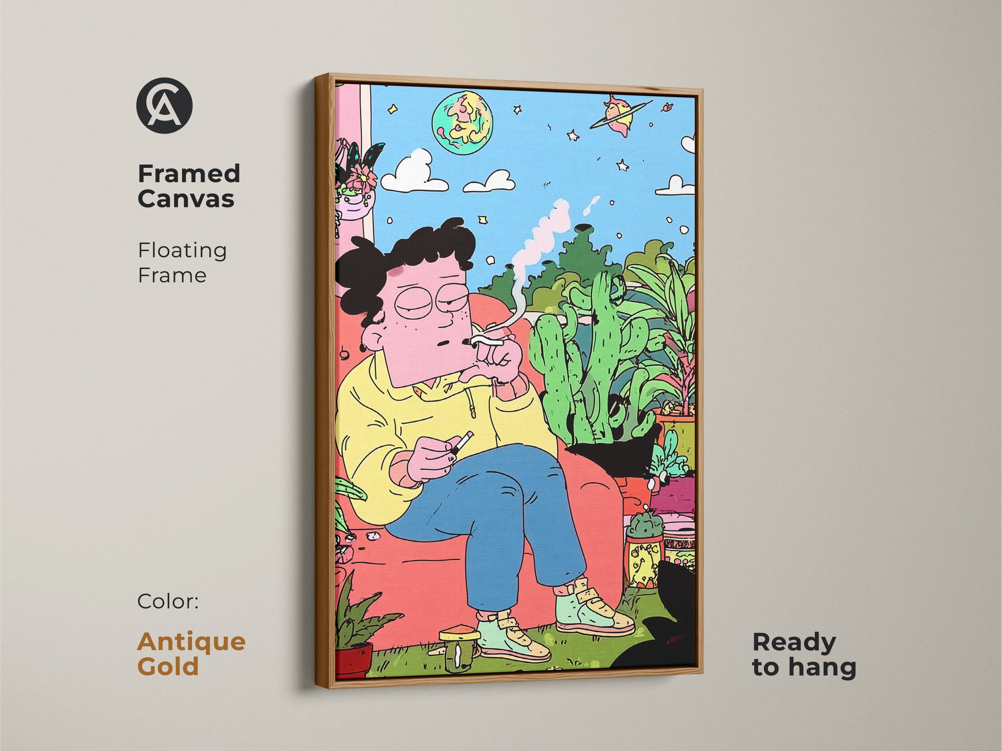 Framed canvas art with a floating frame in antique gold. The artwork showcases a person relaxing indoors surrounded by plants smoking. This framed canvas is ready to hang. It brings a vintage feel to any room. The antique gold frame enhances the art's charm.
