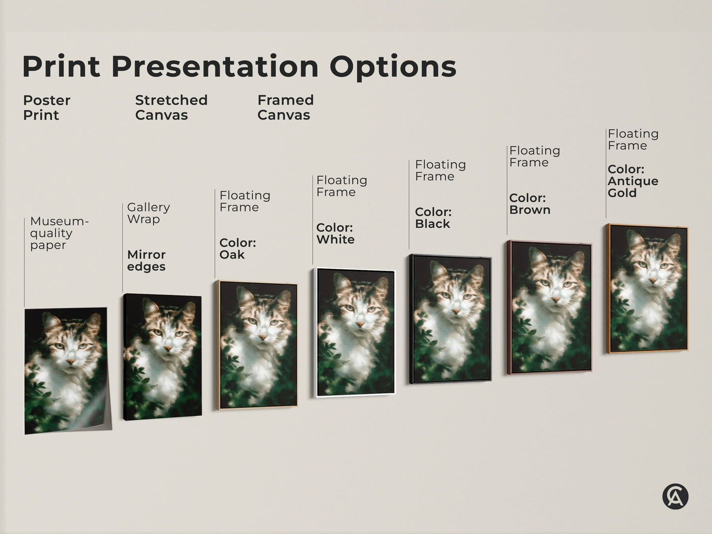 Explore print presentation options for the tabby cat art. Choose from poster prints stretched canvas and framed canvas. Customize your museum-quality feline artwork. Find the perfect cat art for your home decor.