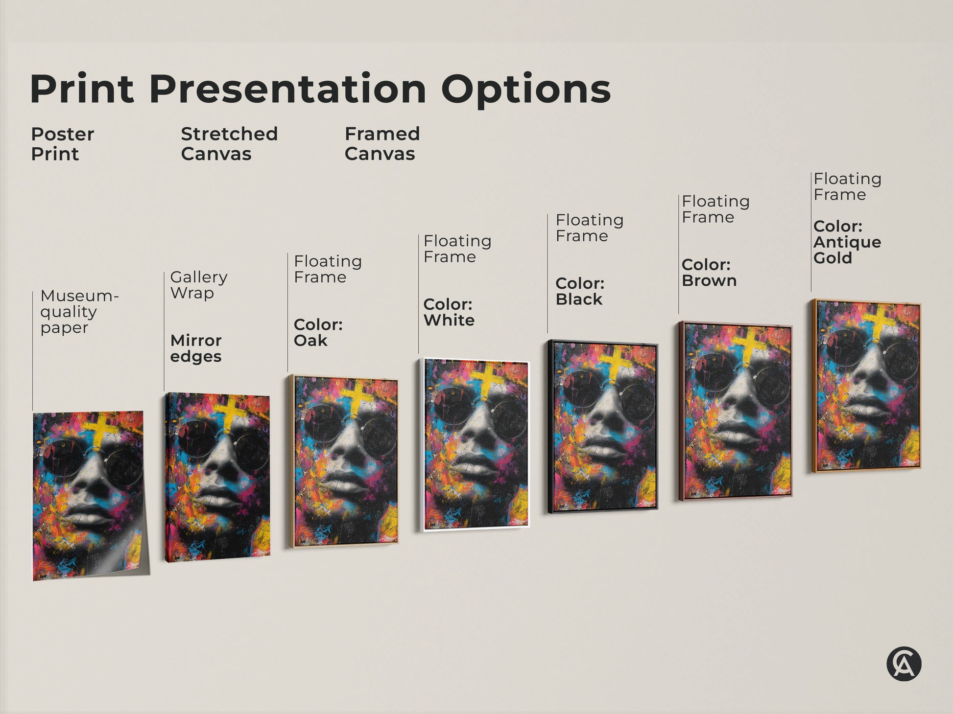 Explore various print presentation options for this artwork. Choose from poster prints stretched canvas or framed canvas. Find the perfect style to showcase this art in your home. Each option highlights the art's unique features.