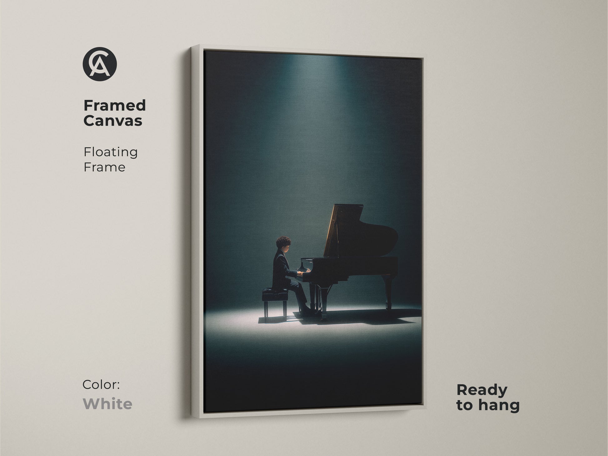 Framed canvas art of a pianist playing a grand piano under a spotlight. The artwork has a floating white frame. Ready to hang. This minimalist musical artwork adds style to your home decor. A refined art piece.