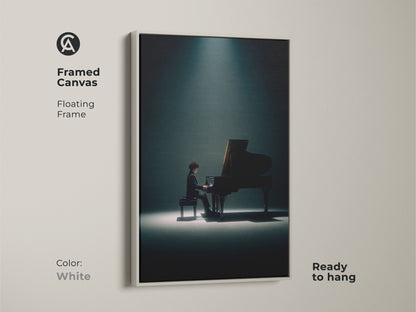 Framed canvas art of a pianist playing a grand piano under a spotlight. The artwork has a floating white frame. Ready to hang. This minimalist musical artwork adds style to your home decor. A refined art piece.