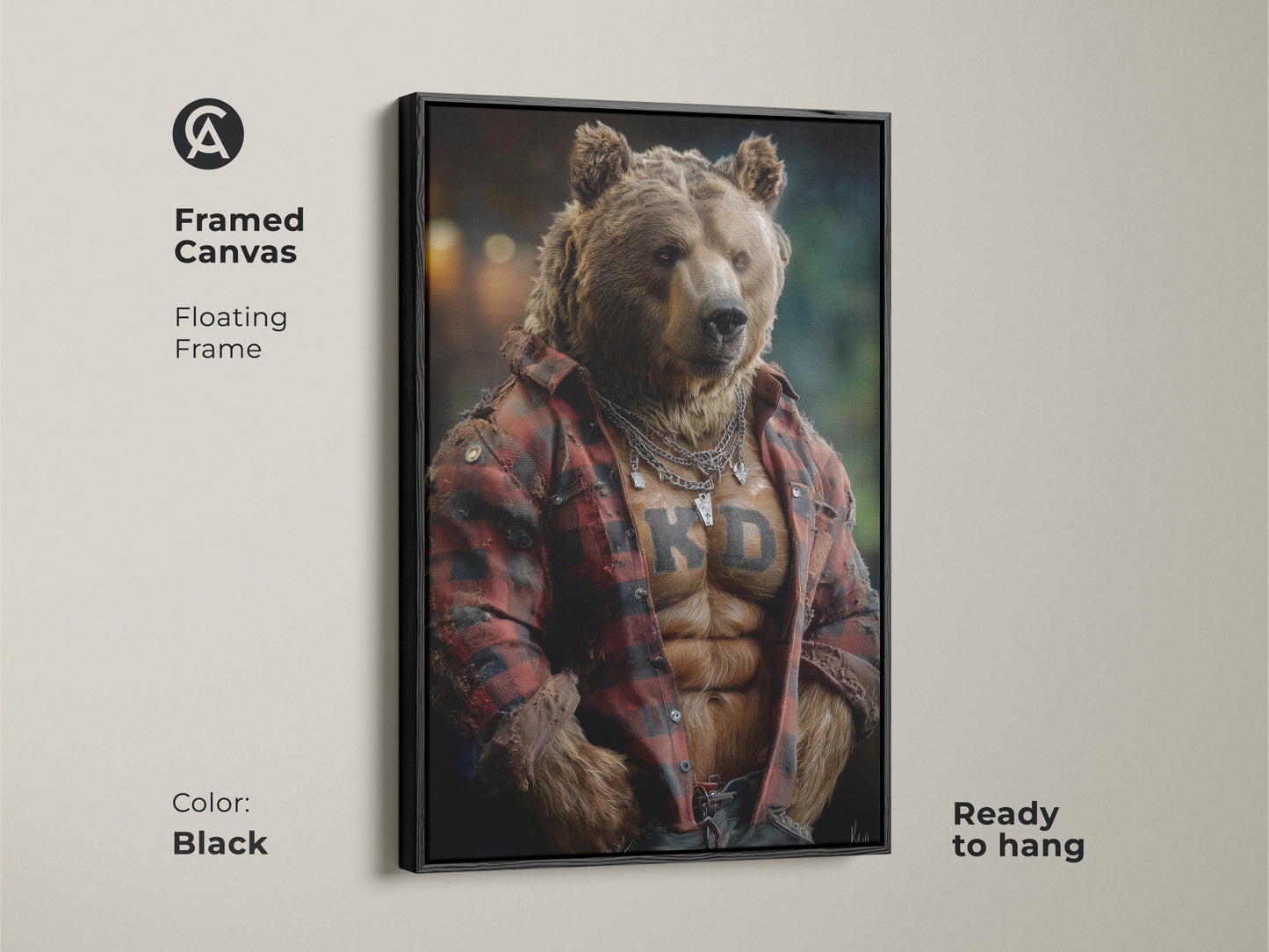 Framed canvas of a muscular bear print. The floating frame adds to the eclectic home art. This unique wall hanging is ready to hang. This art makes a cool birthday gift for him or for a brother.