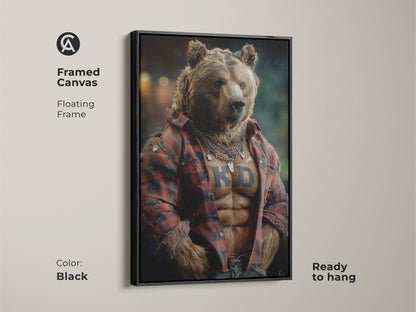 Framed canvas of a muscular bear print. The floating frame adds to the eclectic home art. This unique wall hanging is ready to hang. This art makes a cool birthday gift for him or for a brother.