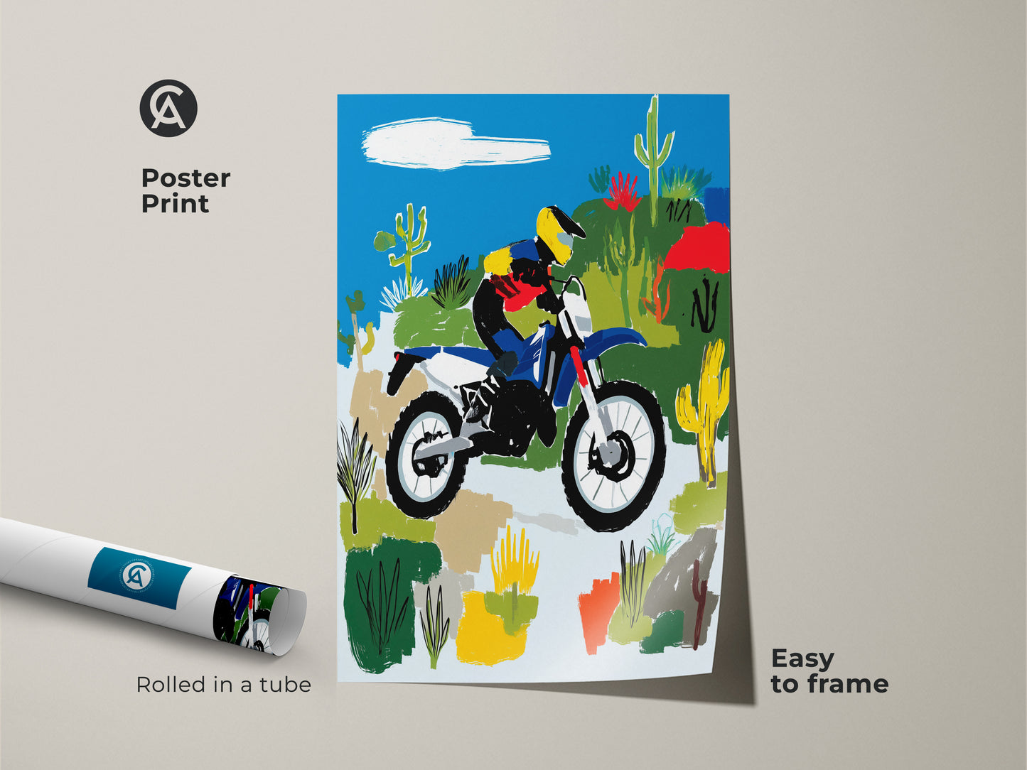 This poster print features dynamic desert dirt bike art. Rolled in a tube it is easy to frame. The abstract rider wall art includes blue yellow and green colors. A perfect gift for extreme sports fans this artwork enhances any space. It's ideal for motocross enthusiasts.