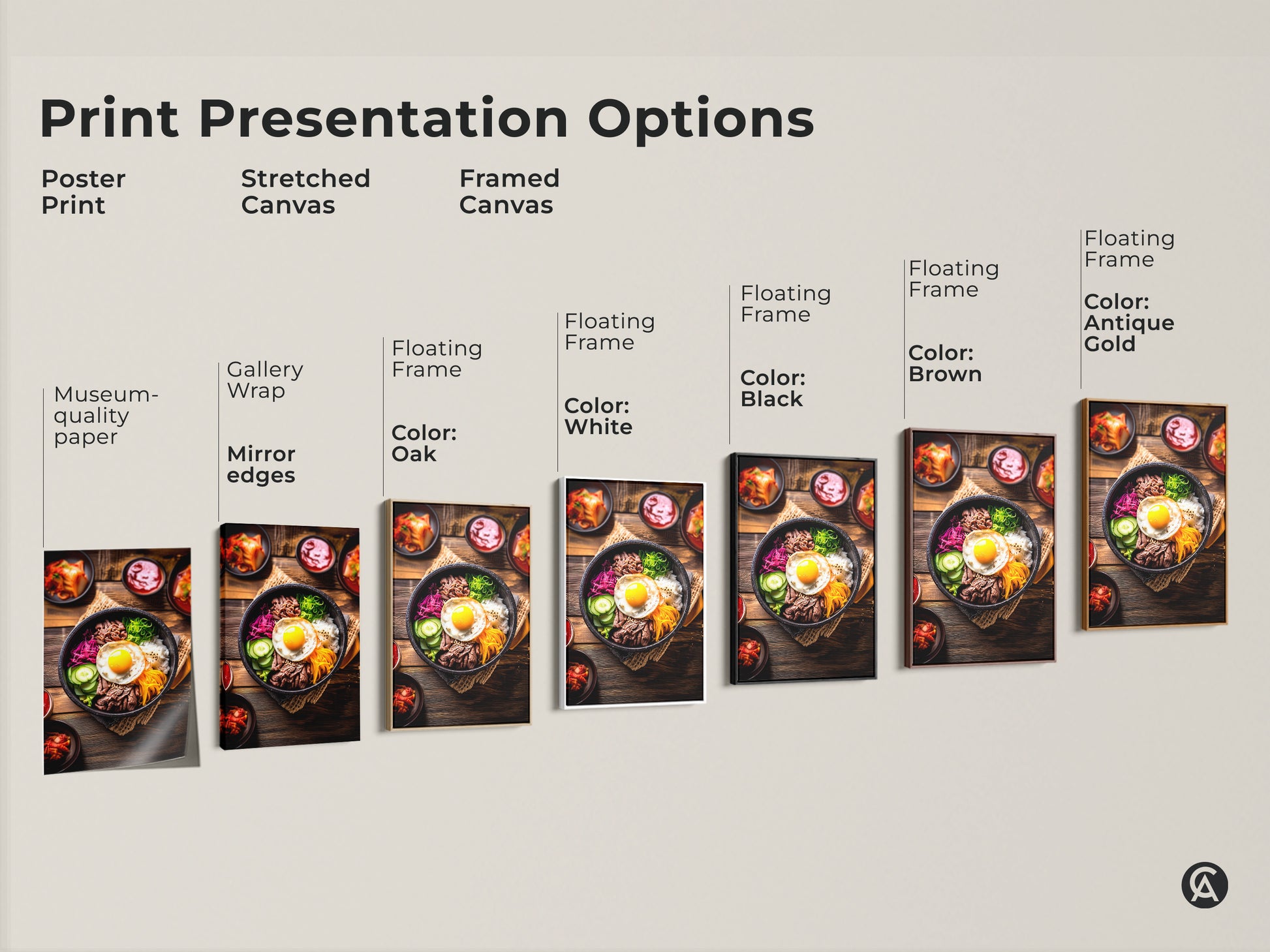 Explore print presentation options for museum-quality Bibimbap art. Choose from poster prints stretched canvas or framed canvas. Various frame colors are available to match your decor and enhance your Asian cuisine art.