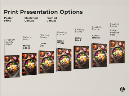 Explore print presentation options for museum-quality Bibimbap art. Choose from poster prints stretched canvas or framed canvas. Various frame colors are available to match your decor and enhance your Asian cuisine art.