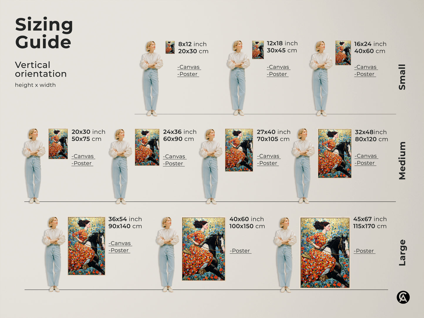 Explore the sizing guide for this unique wall art. See how the woman riding horse canvas looks in various sizes. From small to large find the perfect fit for your space. Ideal for adding an equestrian theme to any room. Visualize the impact of this mosaic style art.