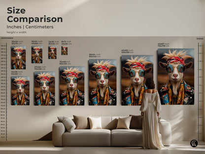 Size comparison of cool goat artwork. See how different sizes of this bohemian animal art look in a living room. This canvas or poster print will add personality to your home decor.