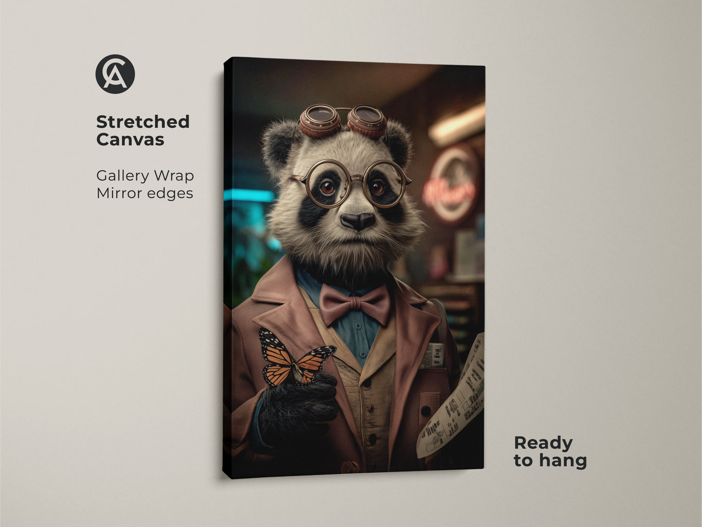 Poster print version of the Steampunk Panda art. The surreal animal wall art shows a panda with butterfly. Easy to frame this eclectic animal art adds charm to any room. Rolled in a tube this panda butterfly canvas is a unique gift.