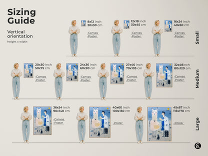 This sizing guide shows a woman standing next to the llama doctor art print. It comes in small medium and large sizes. The art print can be a canvas or a poster. This wall art will add some fun to any room.