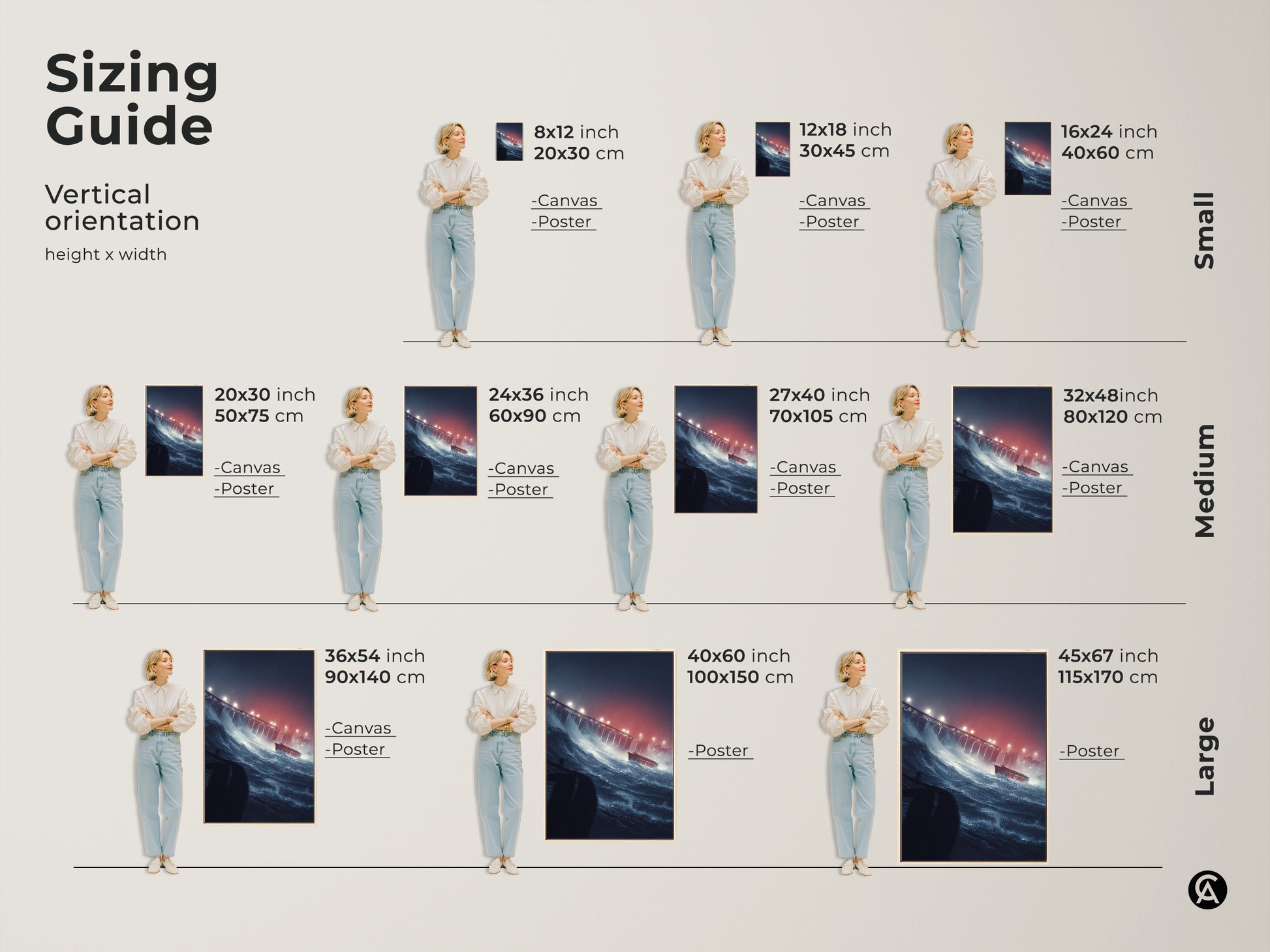 Sizing guide for vertical nautical ship artwork. Available in small medium and large sizes. Perfect for creating a statement in any room. Choose from canvas or poster prints to suit your space and style. Ideal eclectic decor for housewarming gifts.