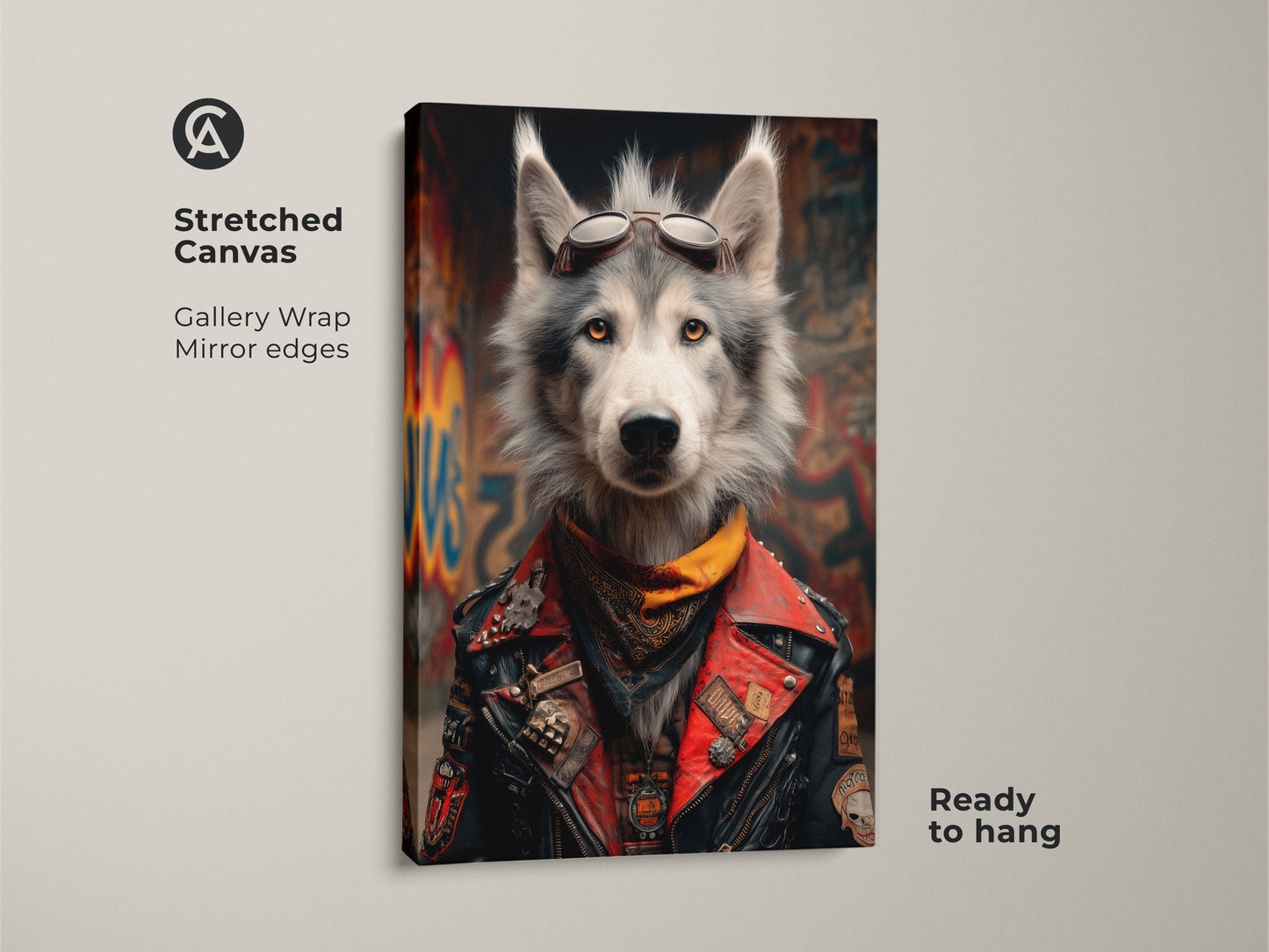 This stretched canvas showcases a Biker Wolf in street art style. The eclectic artwork features a wolf with aviator goggles and a red biker jacket. Perfect man cave decor for motorcycle enthusiasts. The gallery wrap and mirror edges give a polished look. It's ready to hang and enjoy