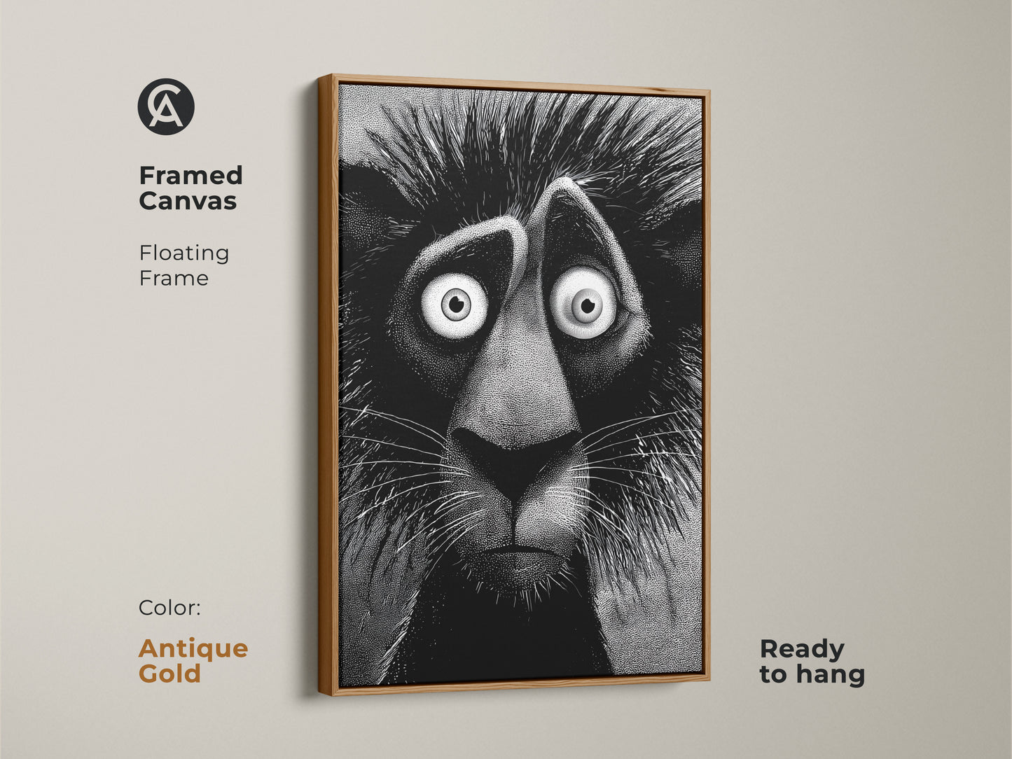 Antique gold framed canvas of a lion artwork ready to hang. This floating frame artwork features a stylized lion with an anxious expression. It will add character and charm to any room. Gallery ready.
