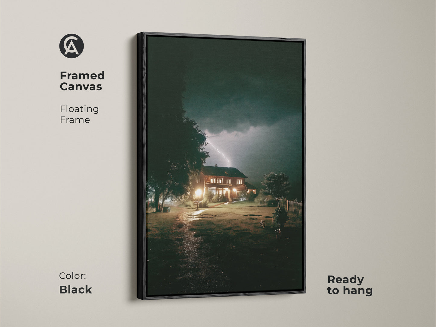 Framed in black this canvas print captures a dramatic lightning strike over a house. This atmospheric nature artwork is ready to hang. A captivating blend of dark blue and yellow hues perfect for modern entryway decor. This is great as a first home gift art.