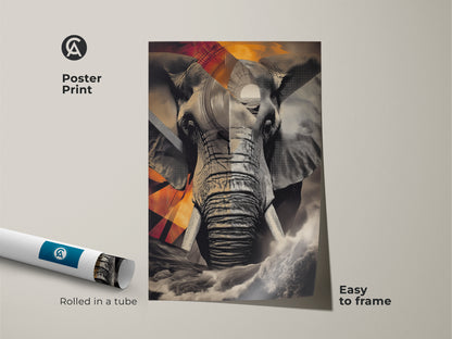 Poster print of a modern collage wall art with an elephant theme. The art features geometric elements and a monochrome color scheme. Rolled in a tube this nature-inspired artwork is easy to frame. It makes a unique housewarming gift for those who love abstract animal art.