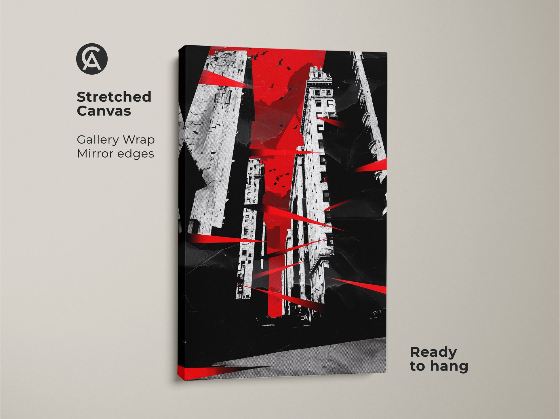 Stretched canvas abstract cityscape artwork. Gallery wrapped with mirrored edges. This red black and white print showcases urban architecture. Ready to hang modern art ideal as contemporary office art. The artwork features subtle bird motifs. Perfect for a new home gift.