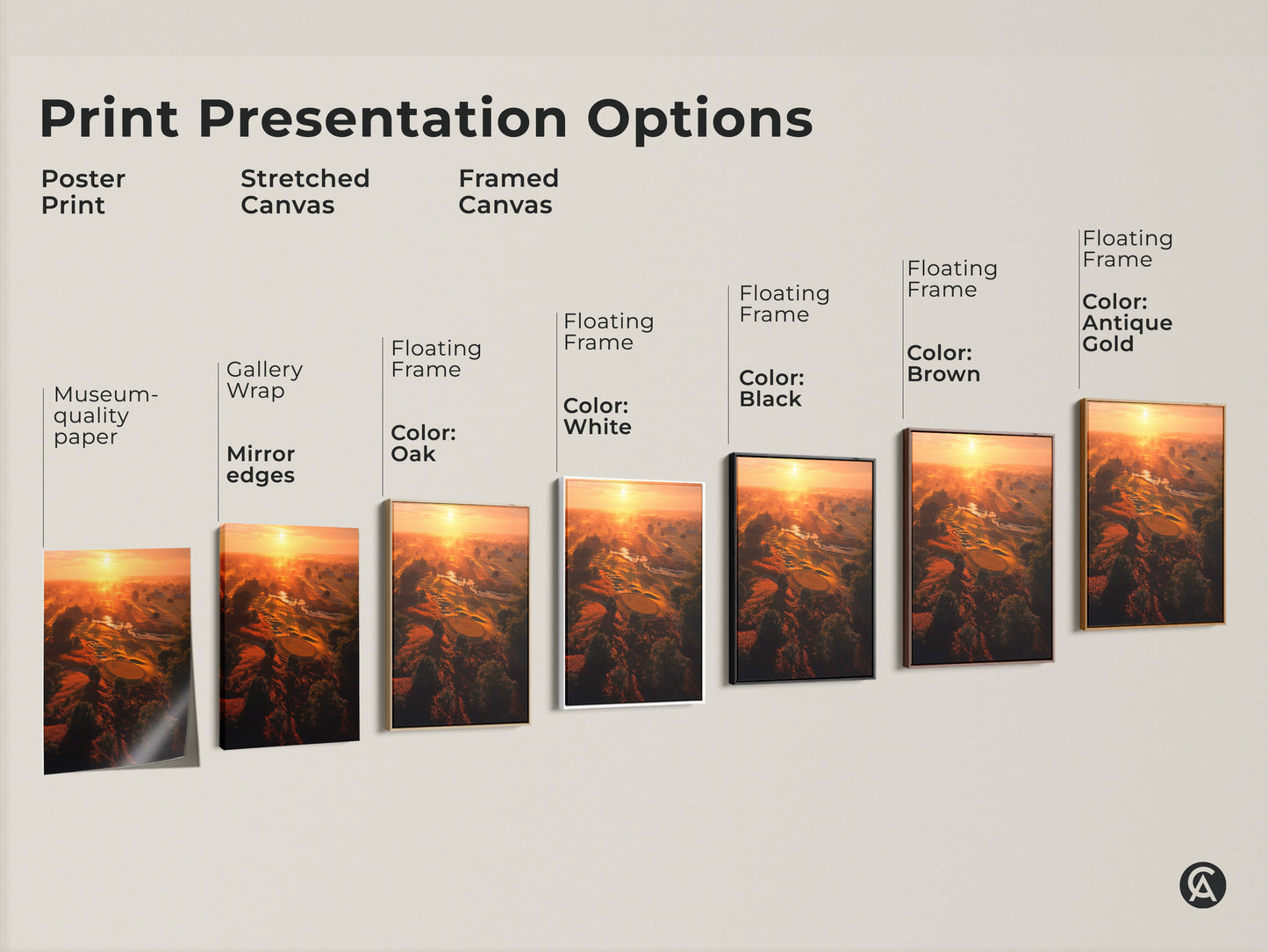 Explore print presentation options for golf course sunrise art. Choose poster prints stretched canvas or framed canvas. Options include gallery wrap mirror edges and floating frames in various colors.