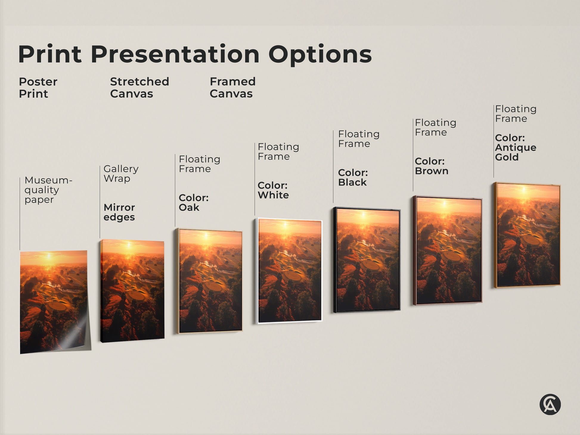 Explore print presentation options for golf course sunrise art. Choose poster prints stretched canvas or framed canvas. Options include gallery wrap mirror edges and floating frames in various colors.