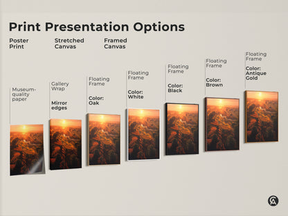 Explore print presentation options for golf course sunrise art. Choose poster prints stretched canvas or framed canvas. Options include gallery wrap mirror edges and floating frames in various colors.