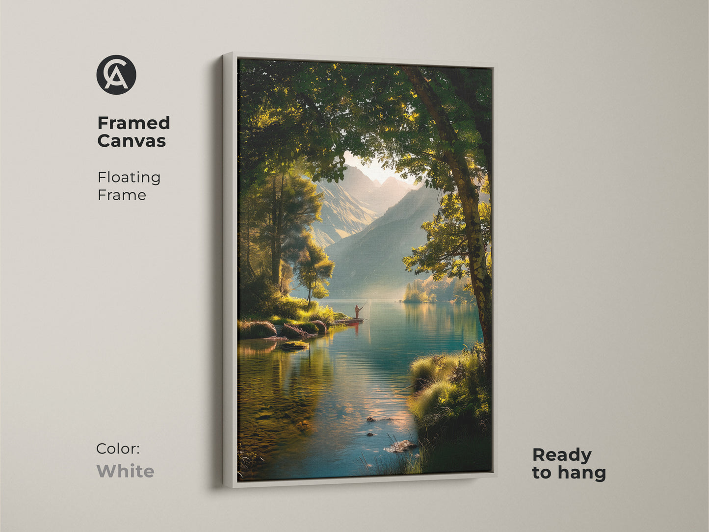 White framed canvas art showcasing a serene lake landscape. A fisherman is on the water. The floating frame provides a clean modern look. Ready to hang this peaceful nature artwork.