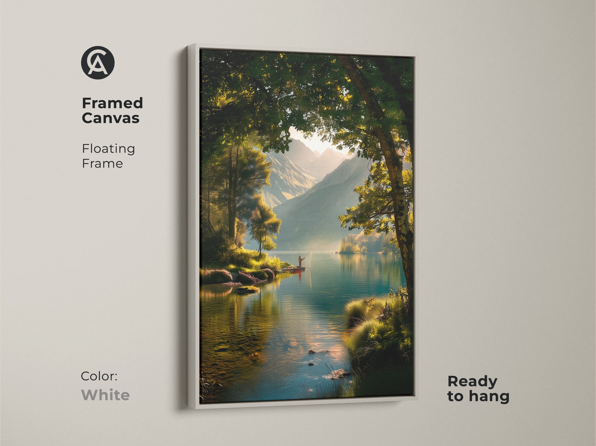 White framed canvas art showcasing a serene lake landscape. A fisherman is on the water. The floating frame provides a clean modern look. Ready to hang this peaceful nature artwork.