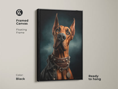 Black framed canvas art of a Doberman with floating frame is ready to hang. This russet Doberman wears a studded collar and leather jacket. The canvas brings an eclectic touch to any space. This animal portrait enhances your wall decor with its unique style.