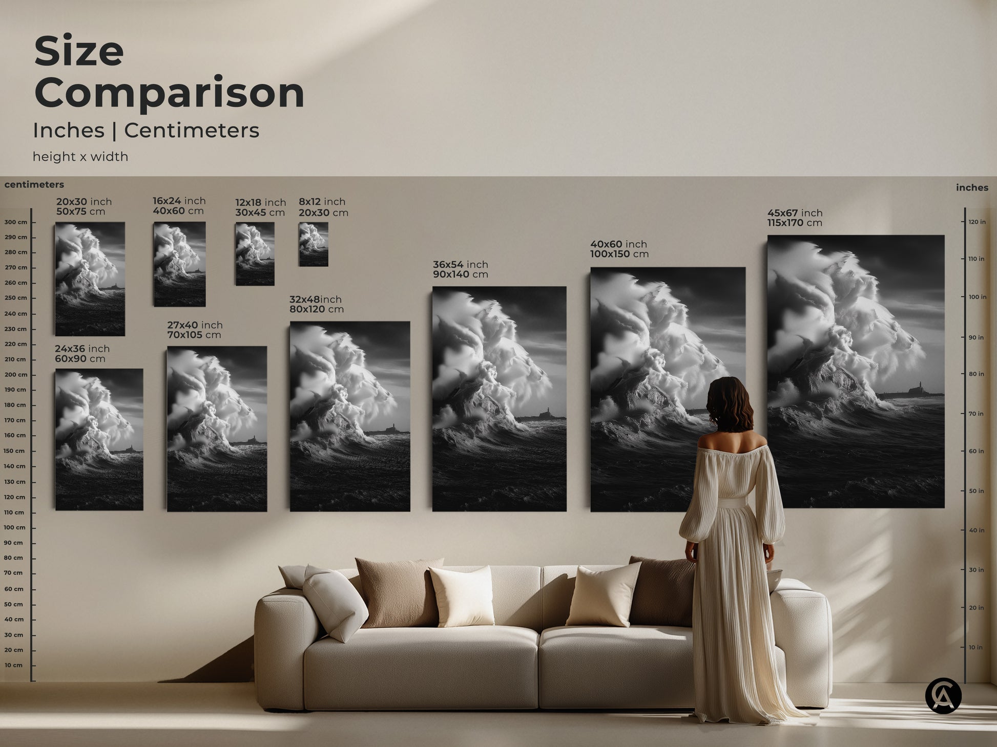 Size Comparison showcasing monochrome ocean wave art in various sizes. This coastal lighthouse canvas print offers a black and white seascape. See how nautical home decor featuring a stormy sea canvas looks in a living room. Ocean view artwork to transform your space.