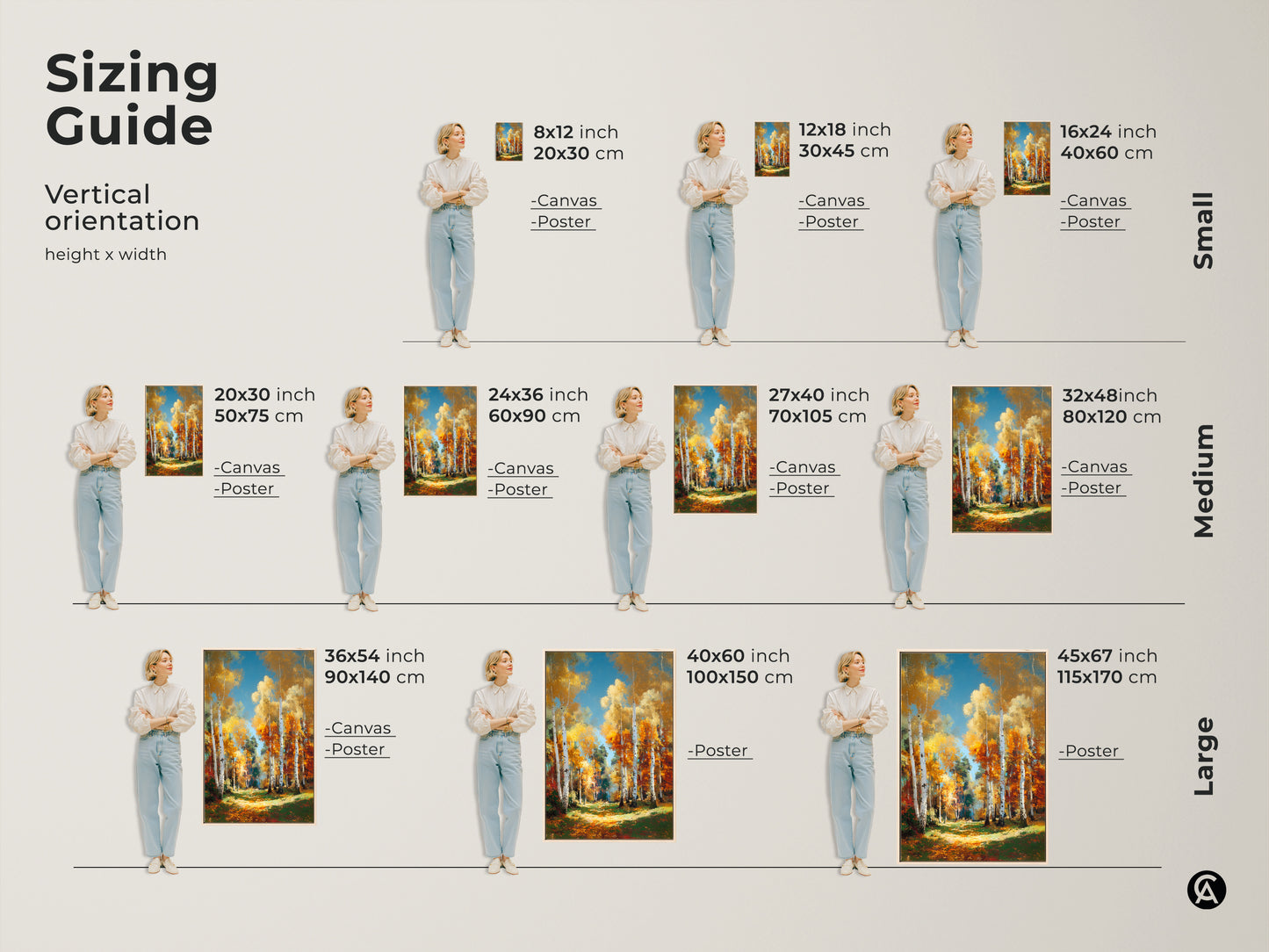 Sizing guide for birch tree forest art. Vertical artwork available in small medium and large. Available as canvas or poster. Find the perfect size for your wall art today