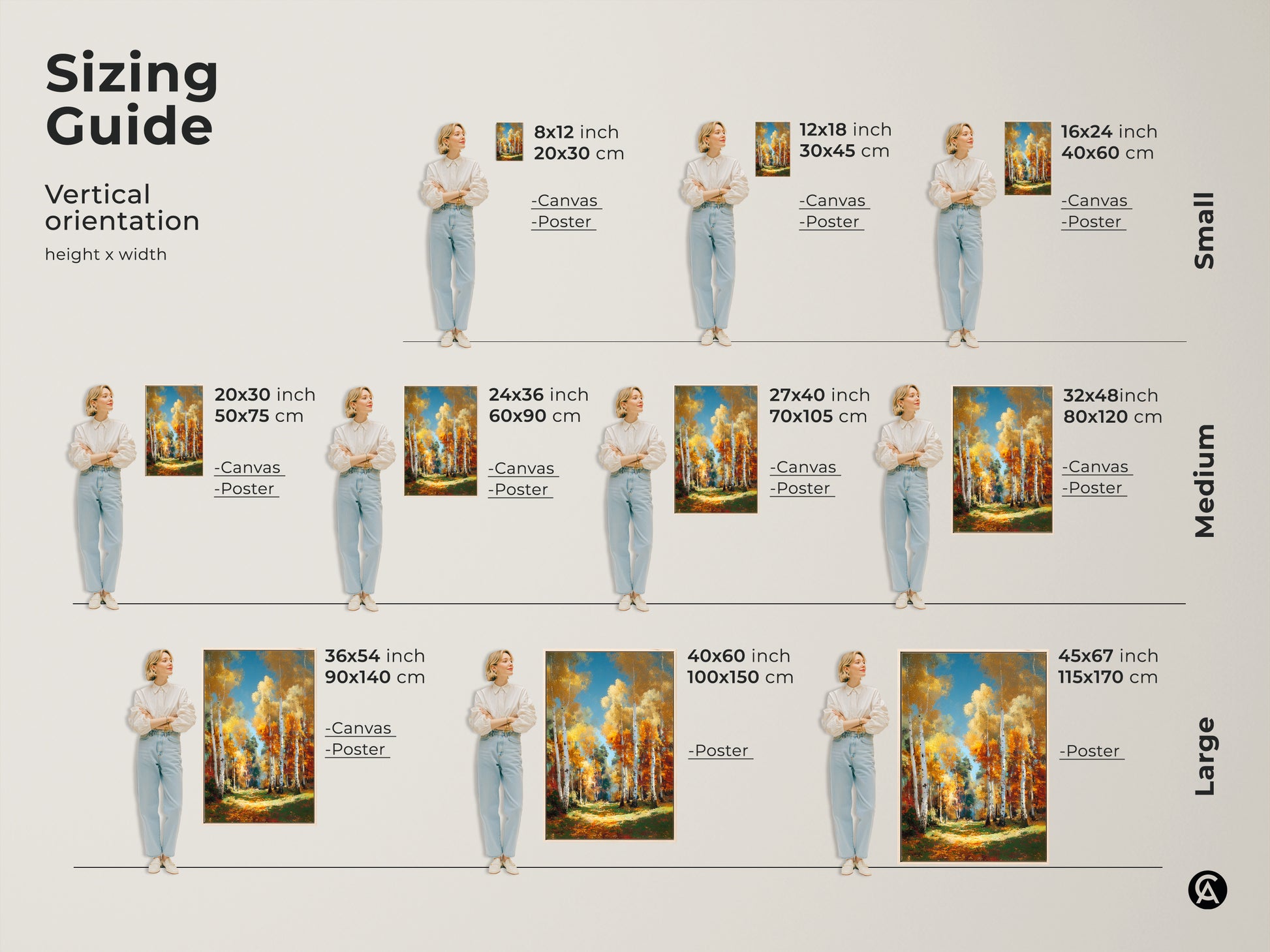 Sizing guide for birch tree forest art. Vertical artwork available in small medium and large. Available as canvas or poster. Find the perfect size for your wall art today