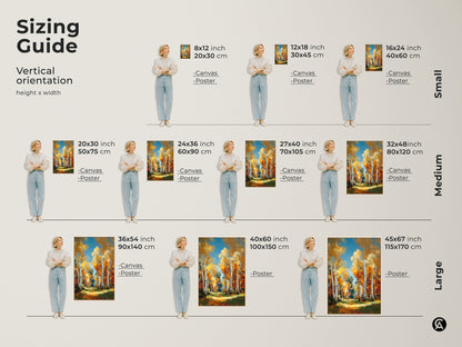 Sizing guide for birch tree forest art. Vertical artwork available in small medium and large. Available as canvas or poster. Find the perfect size for your wall art today