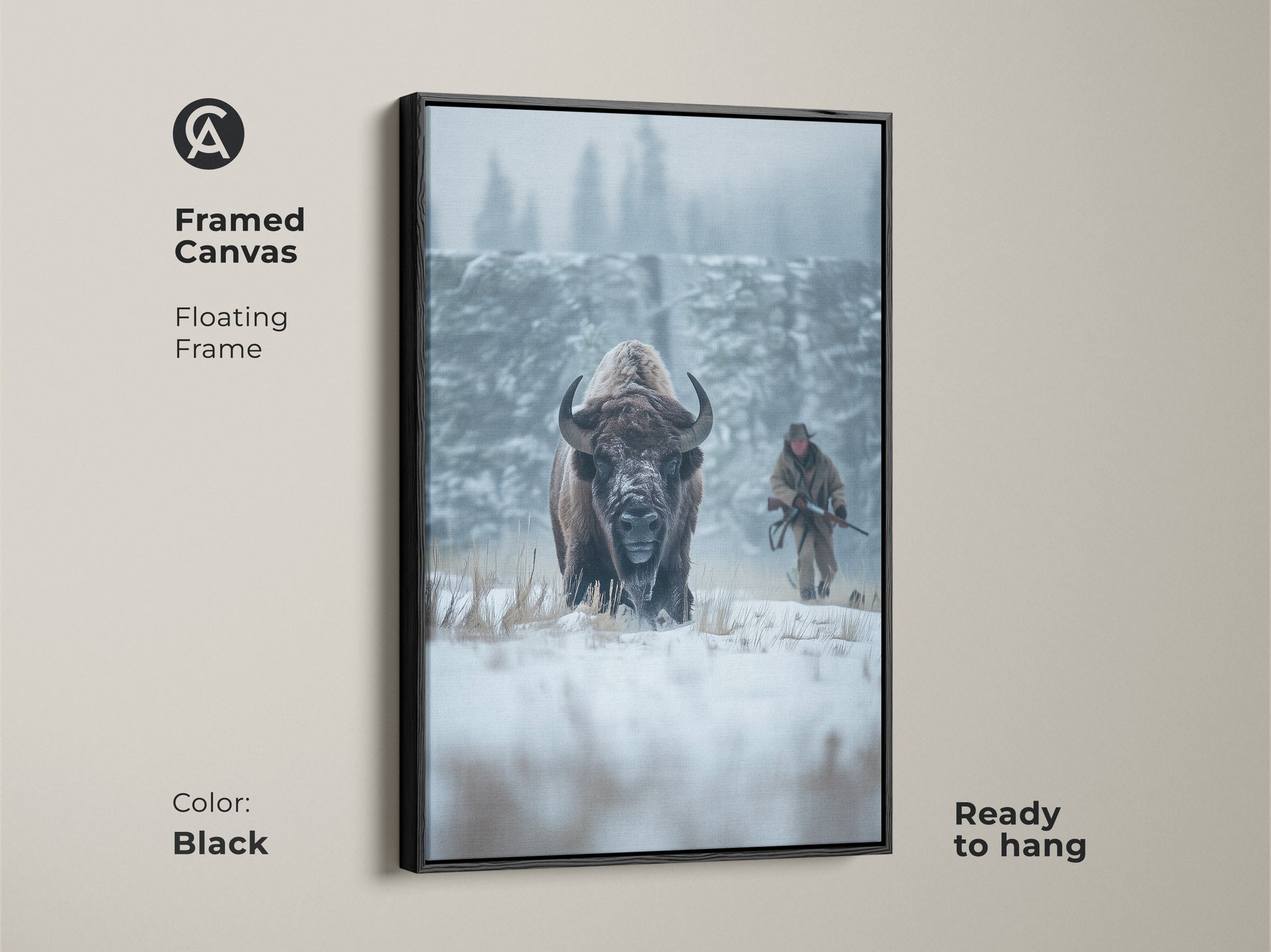 Framed canvas art featuring a bison in a snowy winter scene. The floating frame is black. The artwork captures a bison and hunter in the snow. Ready to hang for easy wall decor. Perfect for wildlife art enthusiasts.