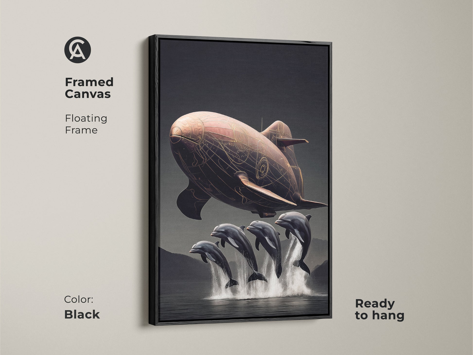 Framed canvas art showcasing a steampunk airship with leaping dolphins. The surreal fantasy artwork has a brown floating frame. Ready to hang this copper brown artwork is perfect for eclectic office decor and adventure themes.