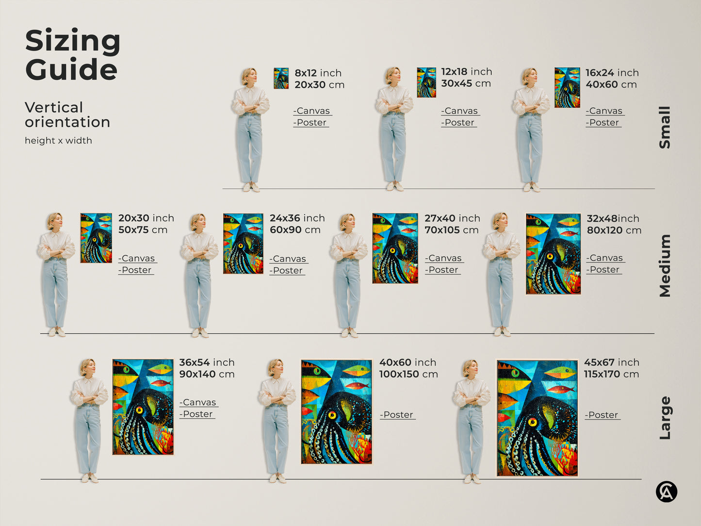 Sizing guide for the abstract octopus and fish canvas art print. The vertical orientation shows sizes from small to large. Visualize how this teal orange and blue eclectic ocean theme looks in different dimensions. Find the ideal fit for your wall.
